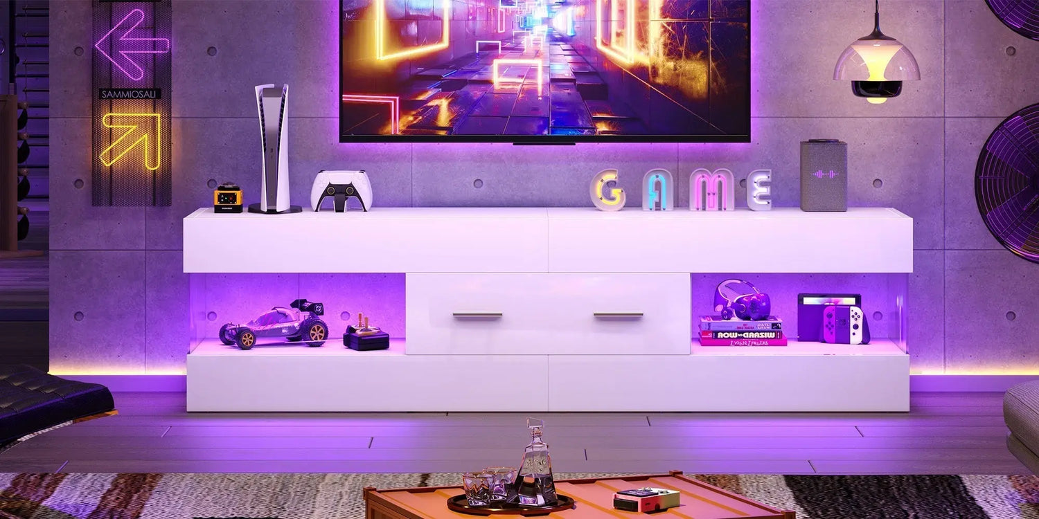 Minimalist white floor TV stand with vibrant purple LED lights, perfect for organizing gaming consoles and creating modern room vibes.