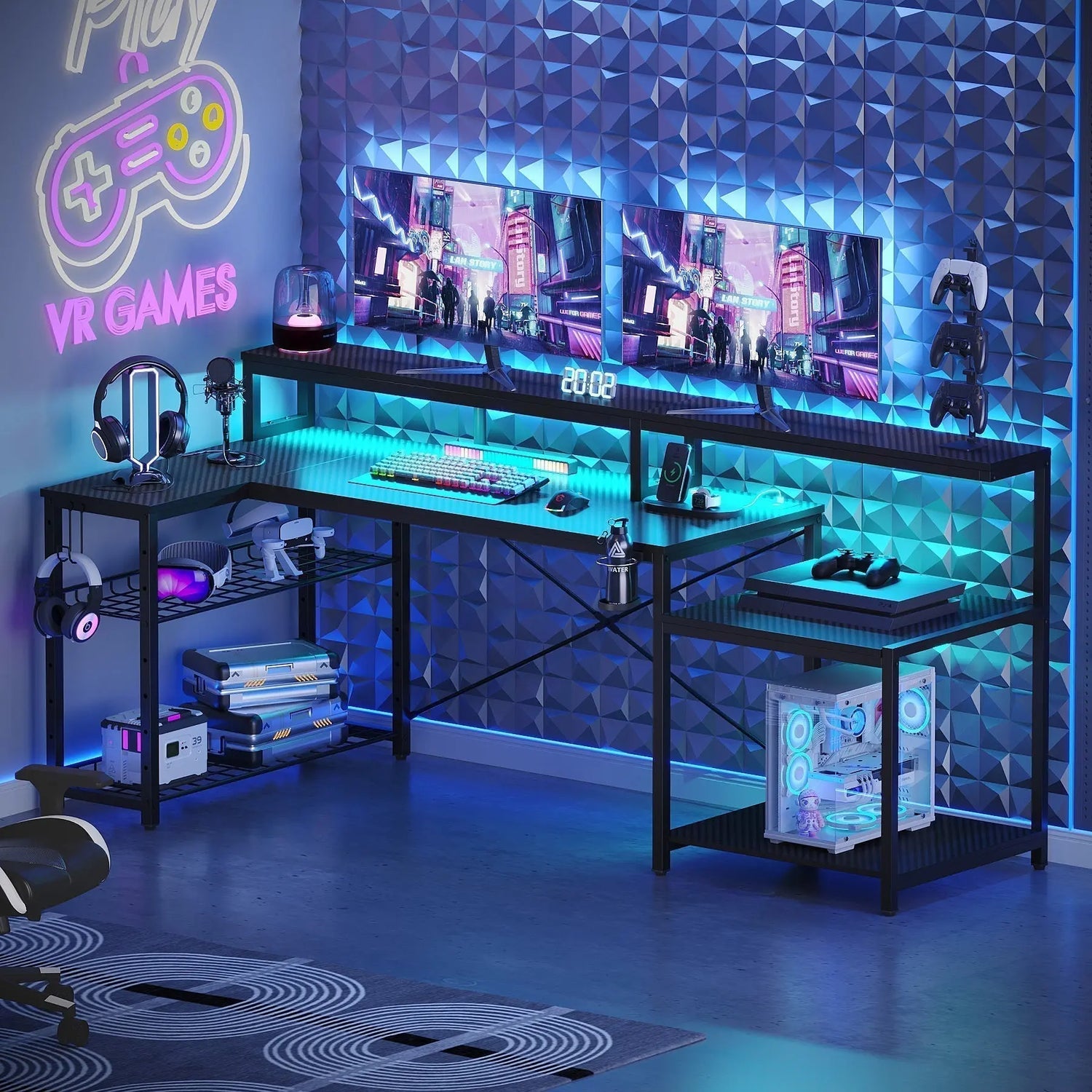 Modern gaming desk with LED lights featuring dual monitors, cyan underglow lighting, and VR gaming setup