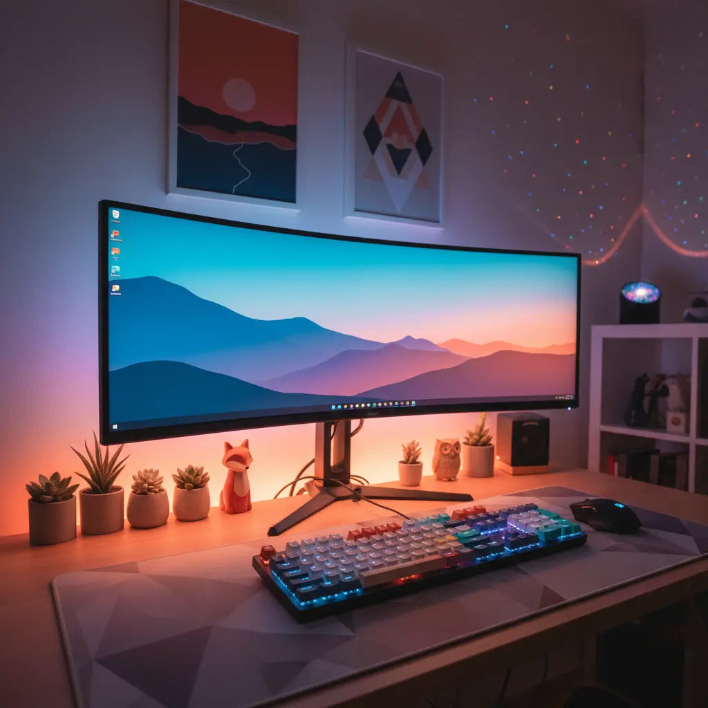 A vibrant and organized desk setup with colorful RGB lighting, personalized decor items, and clean aesthetic arrangement