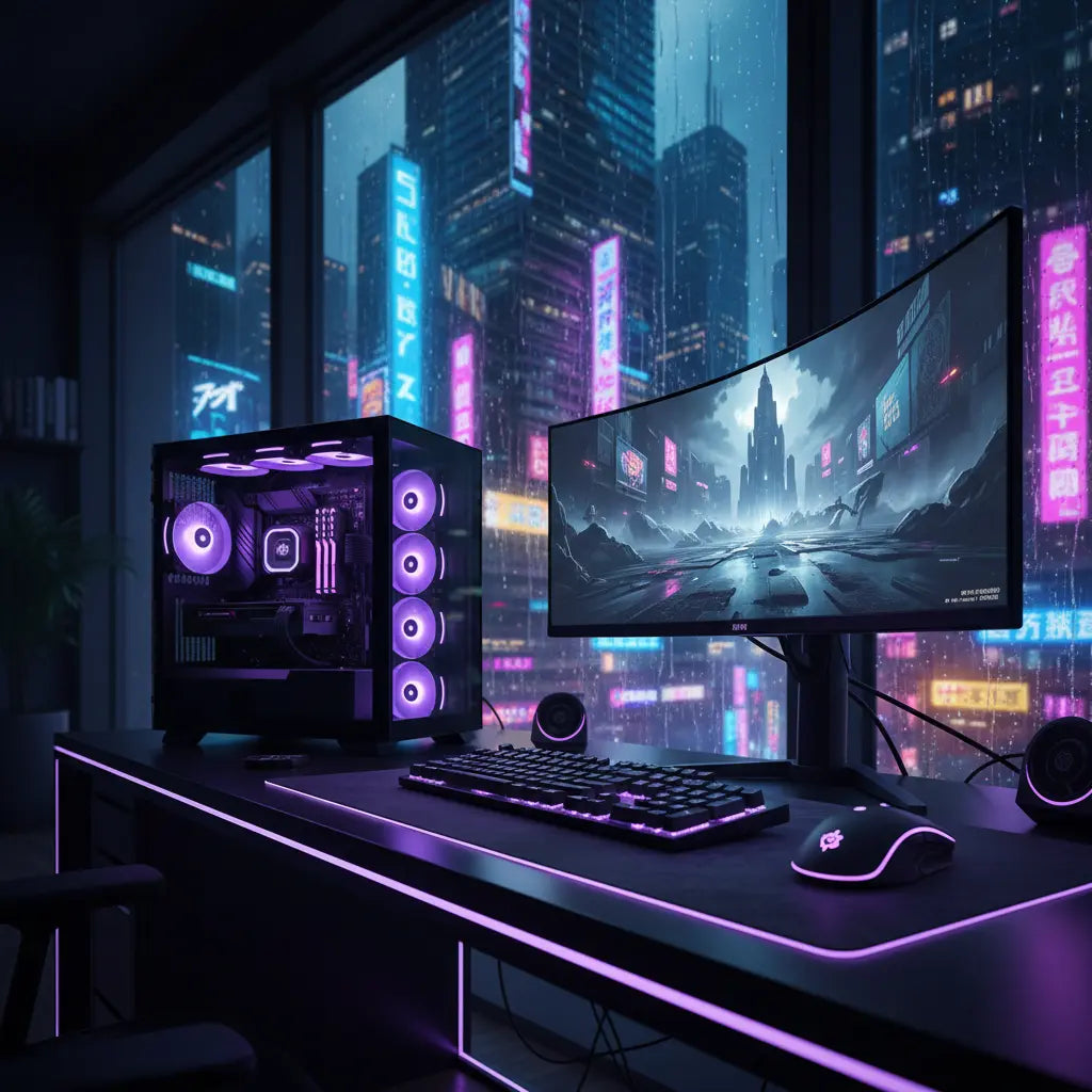 A dramatic cyberpunk gaming setup with synchronized RGB lighting across PC, desk, and peripherals, showing vibrant purple and blue light patterns in a dark room