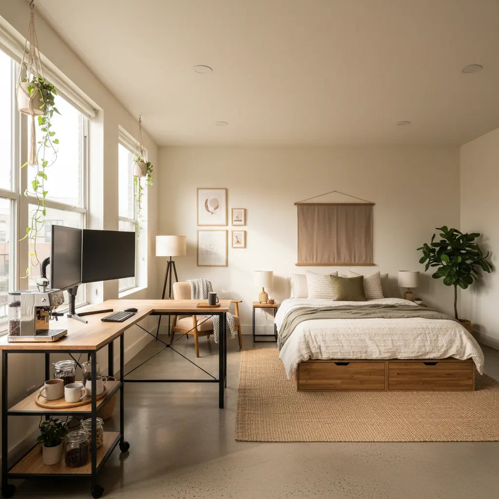 A bright, modern studio apartment in 2026 featuring a cohesive arrangement of multi-functional furniture, including an L-shaped desk, a vertical baker's rack, and a bed with integrated storage, demonstrating a balanced living and working environment.