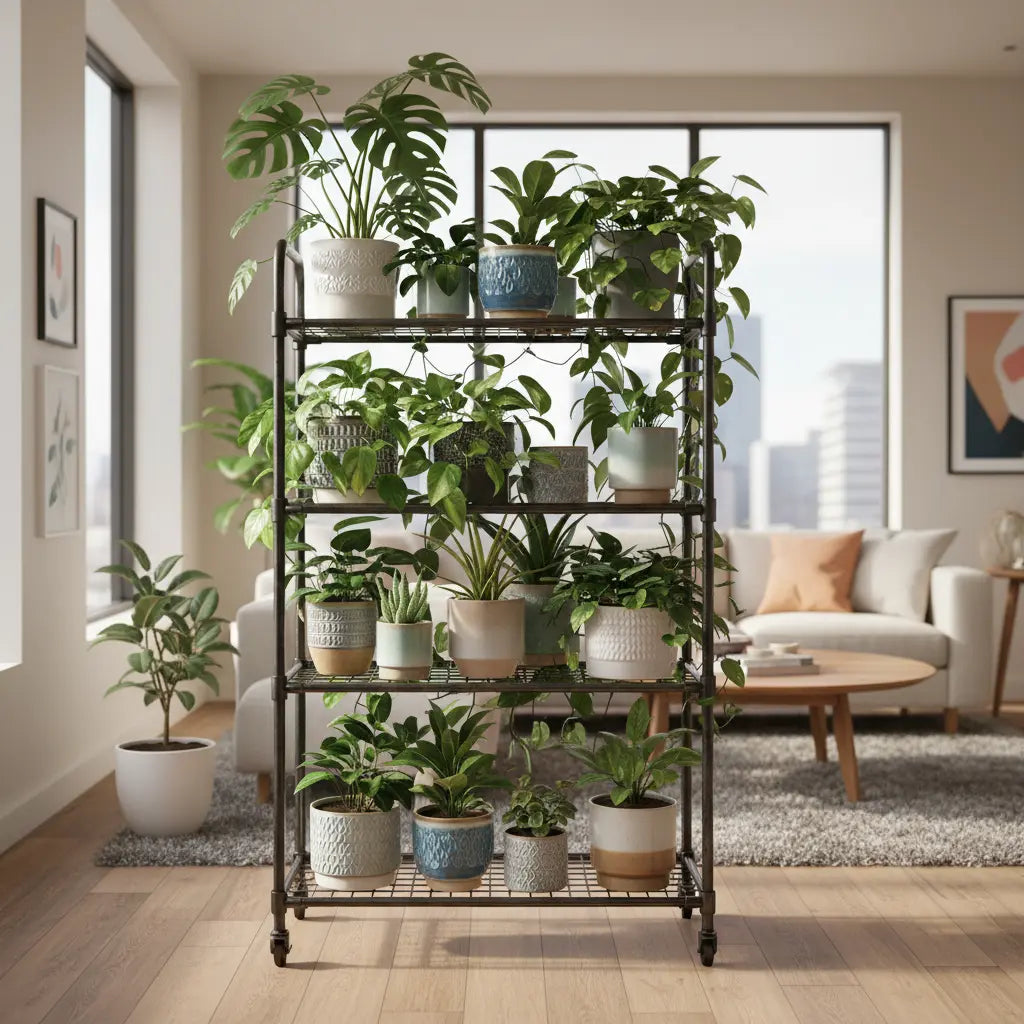 Industrial metal bakers rack transformed into a lush indoor plant stand in a modern sunlit living room