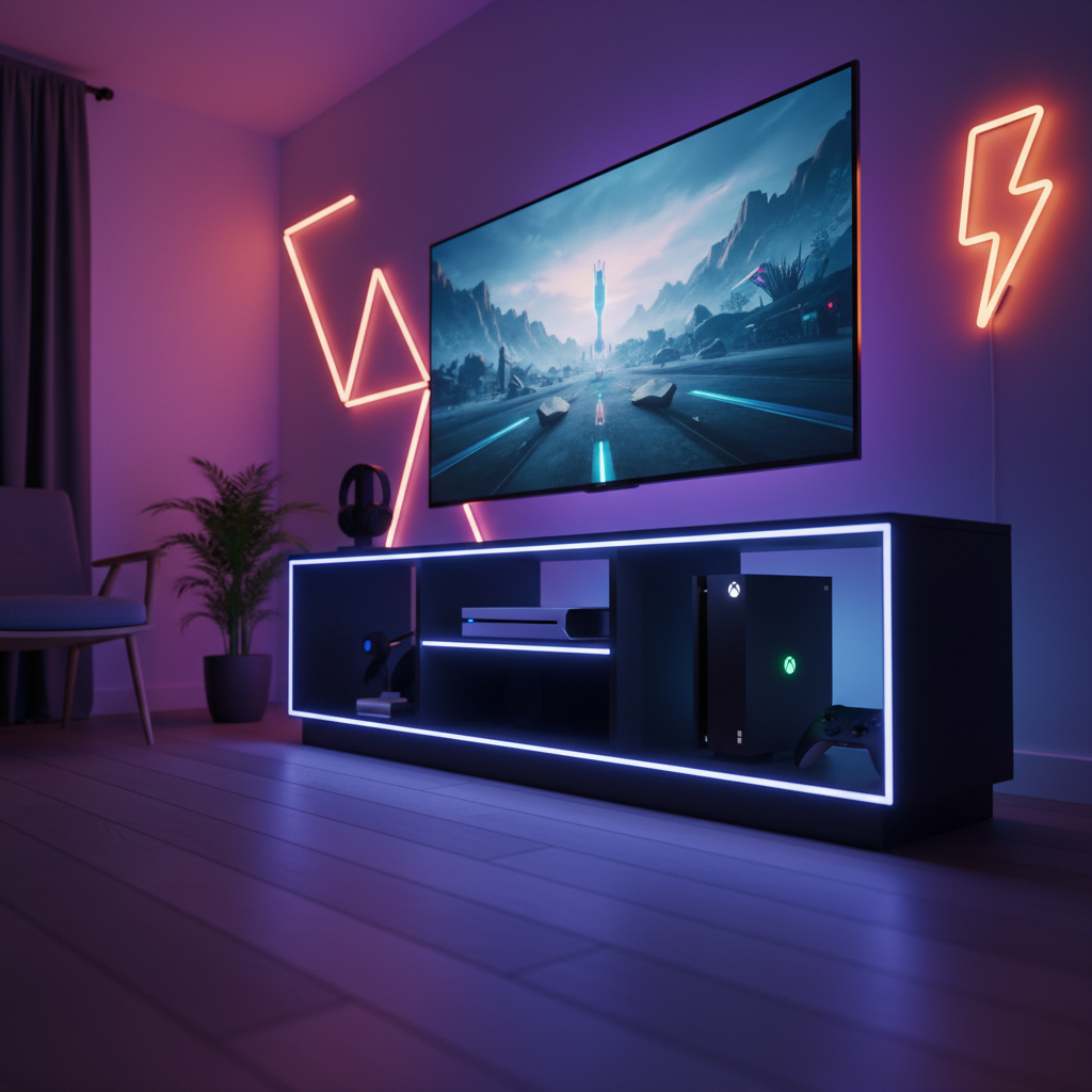 Modern gaming setup with a sleek LED TV stand featuring both PS5 and Xbox Series X consoles, vibrant RGB lighting, and clean cable management in a stylish room environment