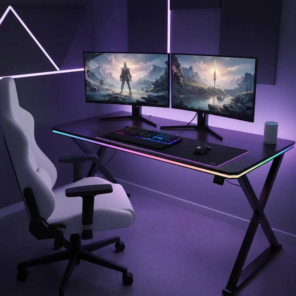 Modern gaming setup featuring Bestier smart furniture with vibrant Razer Chroma RGB lighting integration, showing a clean desk with gaming peripherals and subtle Alexa device in background