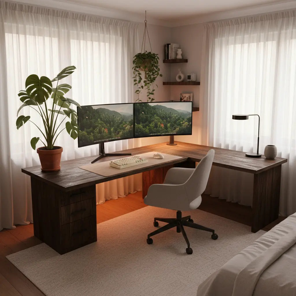 A wide shot of a cozy gaming setup featuring a wood-grain L-shaped desk, warm amber lighting, and lush indoor plants.