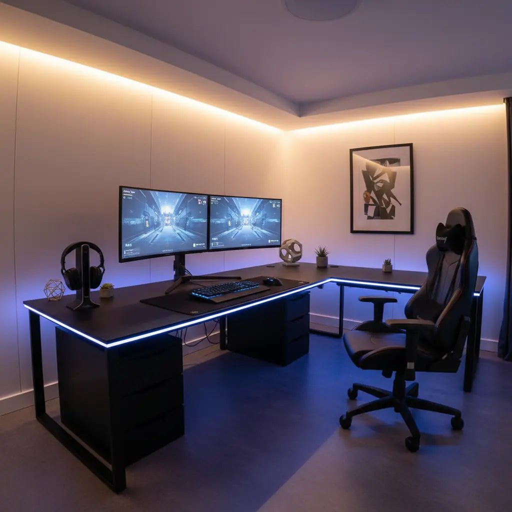 A high-end L-shaped gaming desk setup in a modern room with RGB lighting, featuring dual monitors, gaming peripherals, and ambient room lighting
