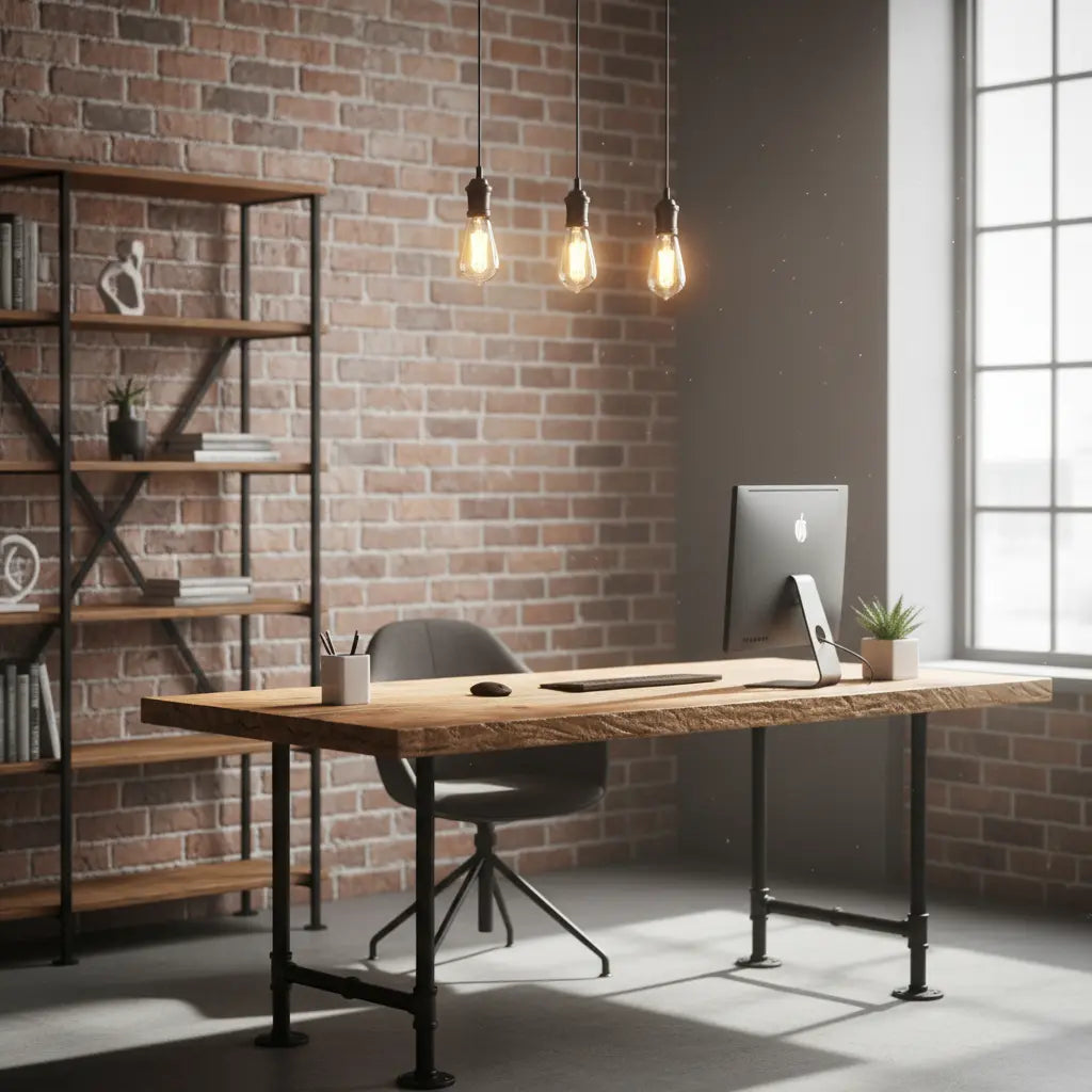 A modern industrial home office featuring a large reclaimed wood desk with metal legs, exposed brick wall, and industrial lighting fixtures