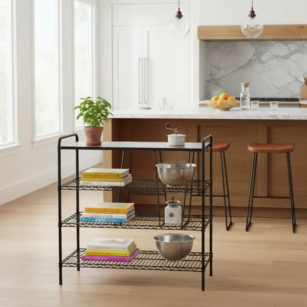 A modern kitchen with both a metal bakers rack and a wooden kitchen island, showing different storage and workspace options
