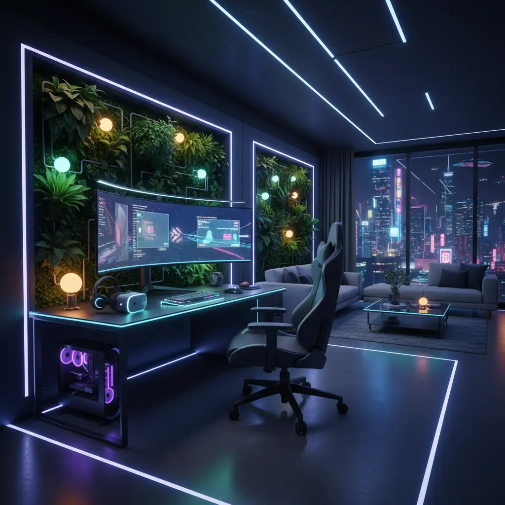 Wide-angle cinematic view of a futuristic cyberpunk gaming room in 2026, featuring neon LED lighting integrated with living wall greenery and high-tech gaming equipment