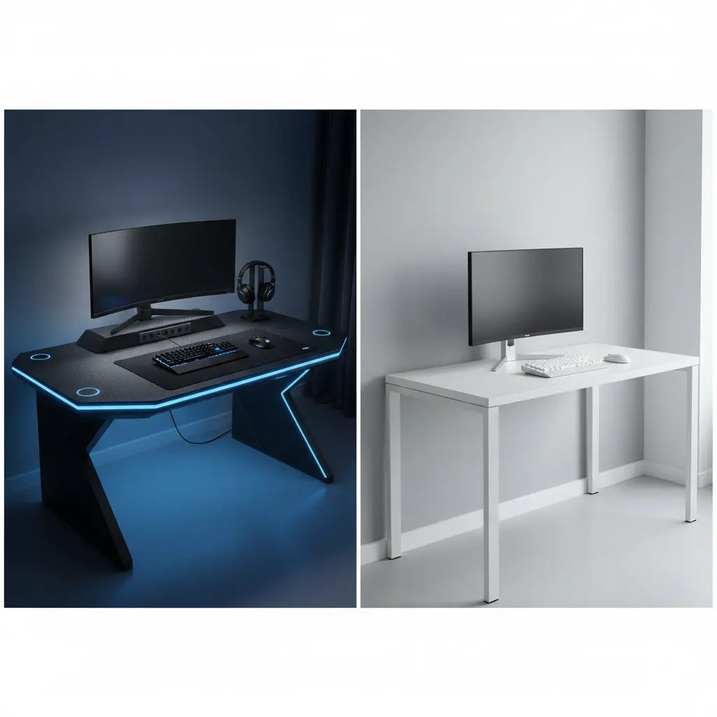 Split-screen comparison showing a Bestier gaming desk with RGB lighting and tech features on the left, and a minimalist IKEA-style desk setup on the right