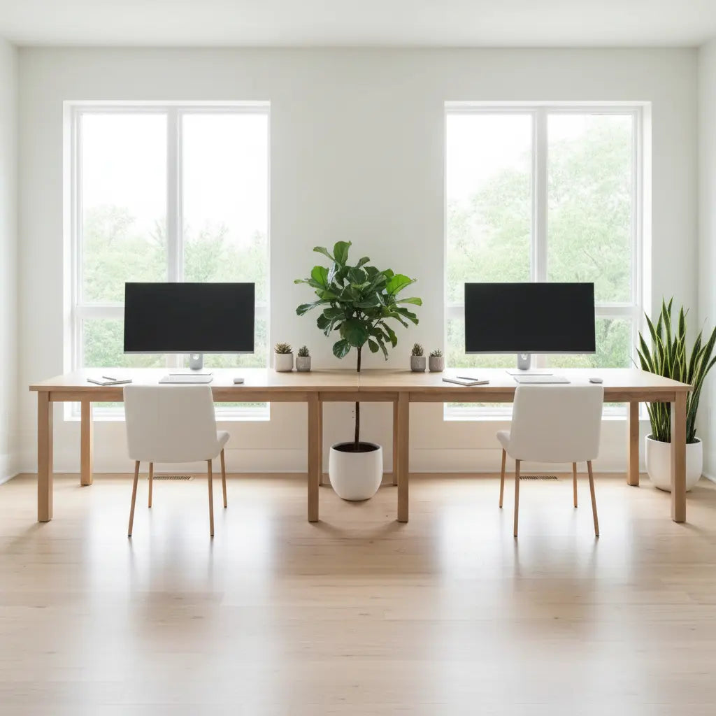 Professional interior photography of a modern shared home office for a couple, featuring a long continuous two-person desk in a bright, airy room with large windows allowing natural light, plants, and coordinated workstations