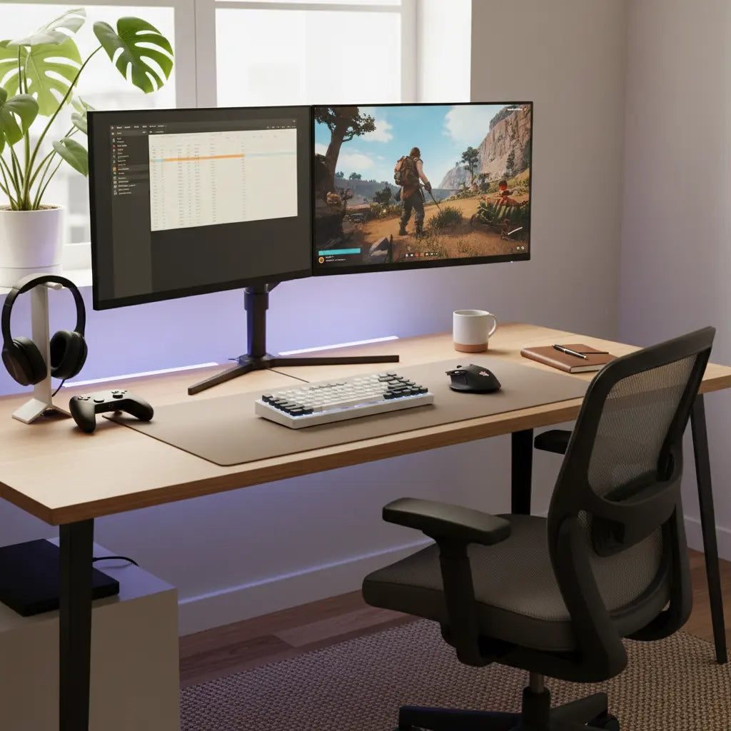 A modern work-from-home desk setup that combines gaming and office elements, featuring a clean desk with dual monitors, ergonomic chair, and organized workspace with both productivity and entertainment accessories