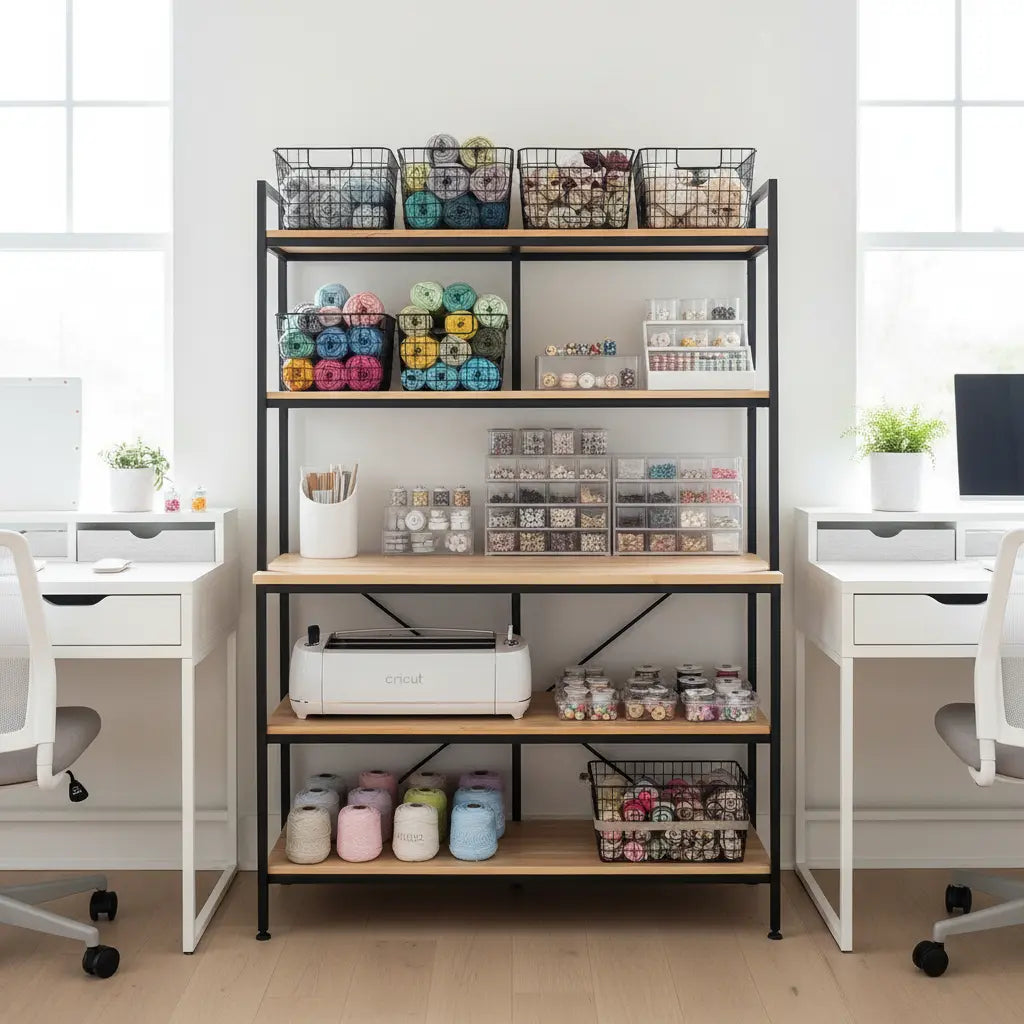 A modern, organized craft room featuring a black metal and wood bakers rack. The rack is filled with colorful yarn, clear bins of beads, and a die-cutting machine on the main shelf. The room is brightly lit with natural sunlight.