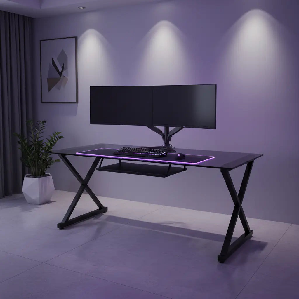 A high-end glass gaming desk with a dual-monitor setup, glowing purple RGB lighting, and absolutely no visible cables. The desk has a black metal frame. The room is modern and minimalist. Professional photography, 8k resolution, cinematic lighting.