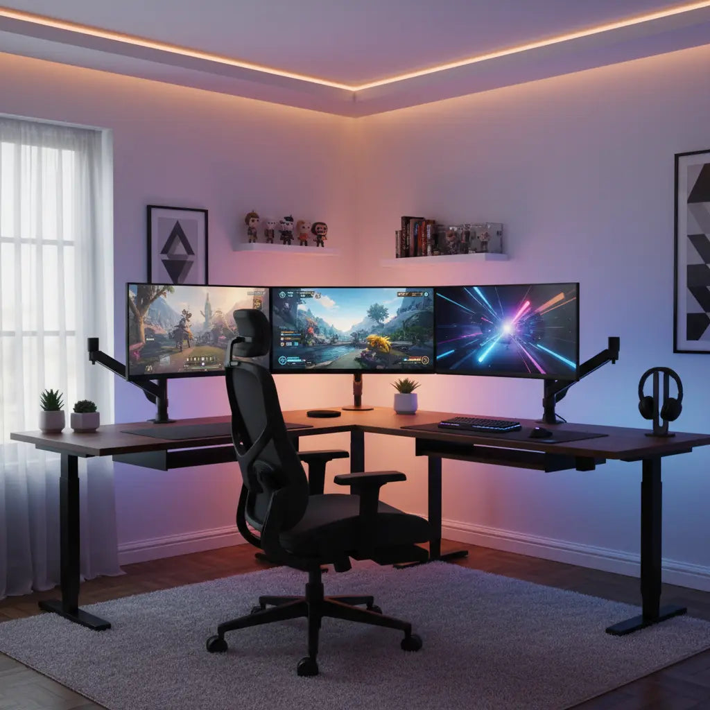 A modern gaming setup with three monitors arranged on a spacious L-shaped desk in a clean, well-lit room