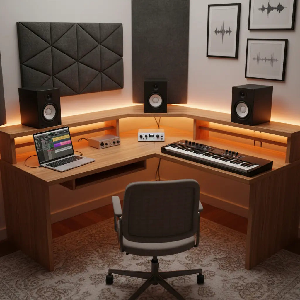 A compact L-shaped home studio setup in a corner, featuring a tiered desk with studio monitors at ear level, a MIDI controller, and warm LED accent lighting.
