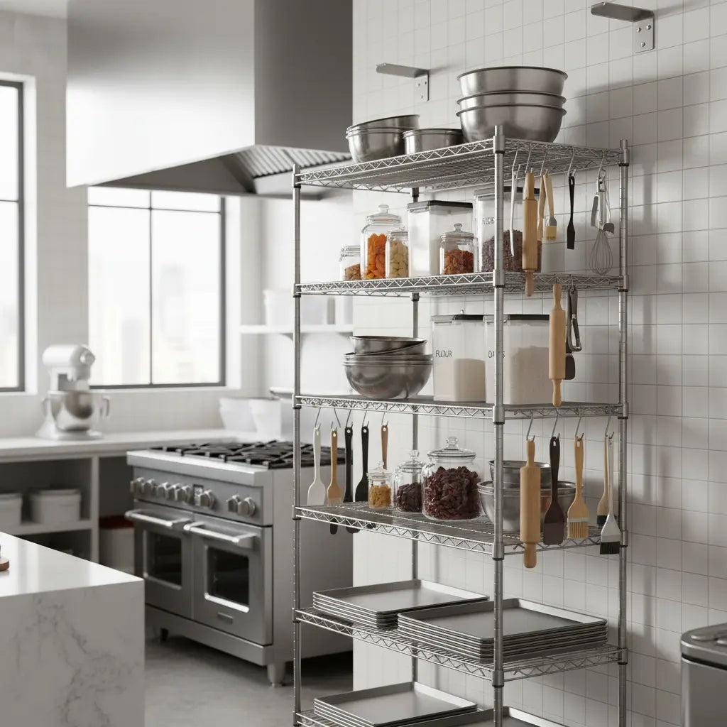 Tall stainless steel baker's rack secured to wall in modern kitchen with baking supplies