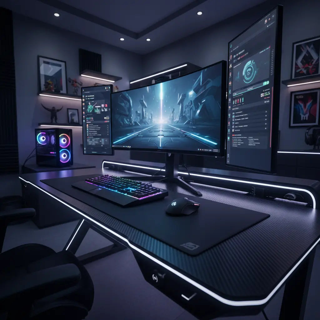 Professional gaming setup featuring a carbon fiber desk with gaming peripherals and RGB lighting in a modern room
