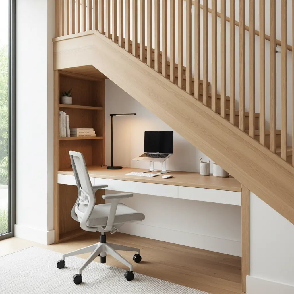 A professional and organized home office setup efficiently tucked under a modern staircase, featuring a compact desk, ergonomic chair, and layered lighting.