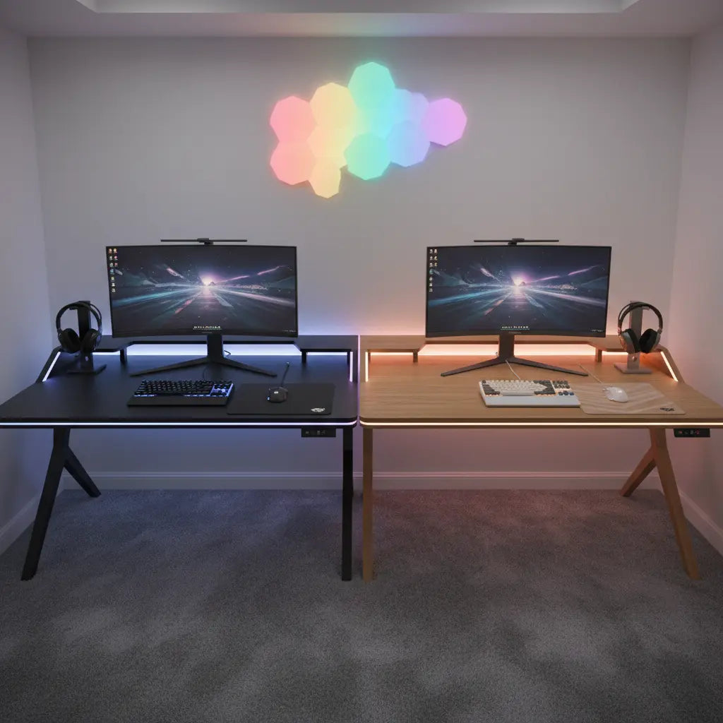 Two gaming desks side by side in a modern gaming setup - one with carbon fiber finish and one with wood grain finish