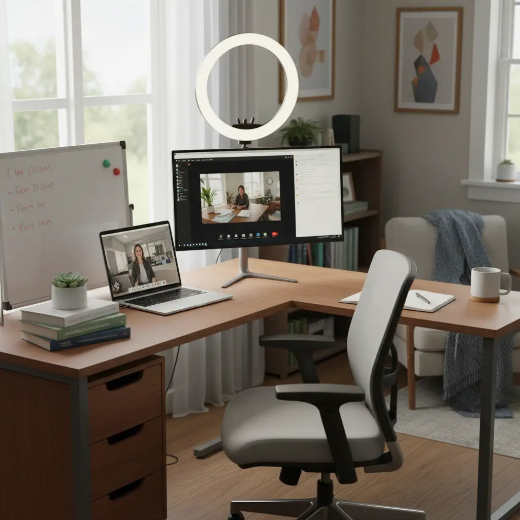 Professional L-shaped desk setup for remote teaching with laptop, monitor, ring light, and teaching props