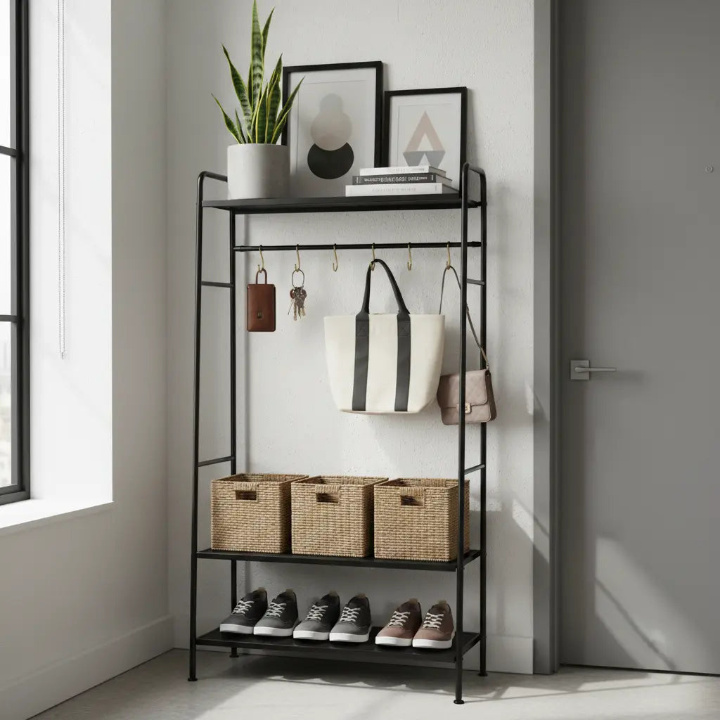 A stylish black metal bakers rack serving as an entryway mudroom in a small modern apartment, featuring organized baskets, hooks for keys and bags, and a minimalist aesthetic