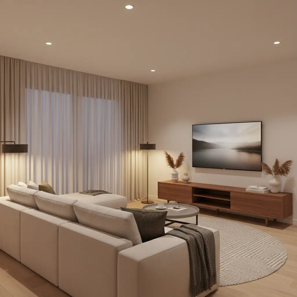 A well-designed living room with a TV mounted at perfect eye level from the main seating position, showing comfortable viewing ergonomics
