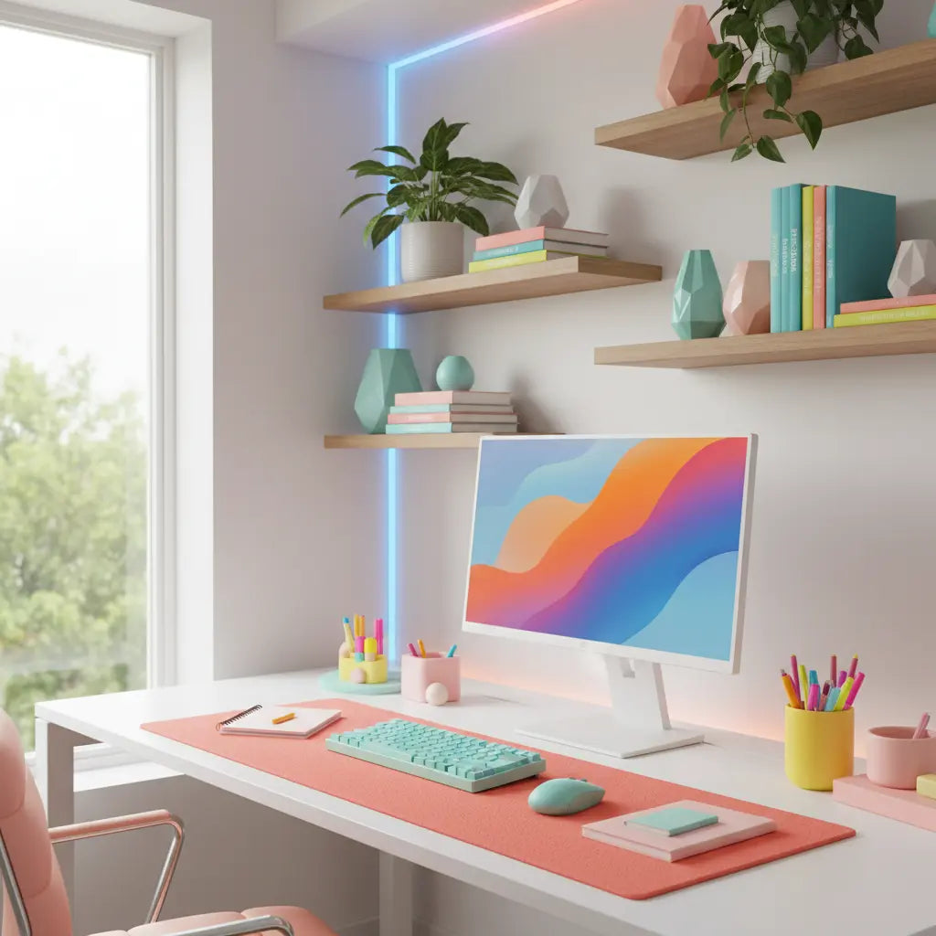 A vibrant dopamine decor home office setup with colorful accessories and mood-enhancing lighting