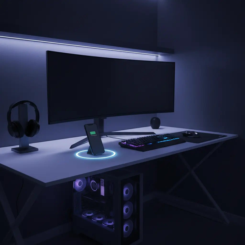 Modern gaming setup with wireless charging desk showing a smartphone charging wirelessly on the desk surface, clean cable-free environment with ambient LED lighting