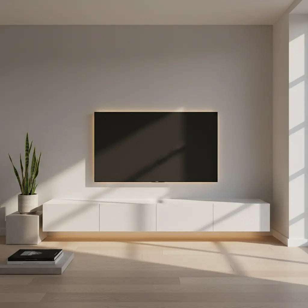 A minimalist LED TV stand in a modern living room setup with clean lines and subtle ambient lighting.