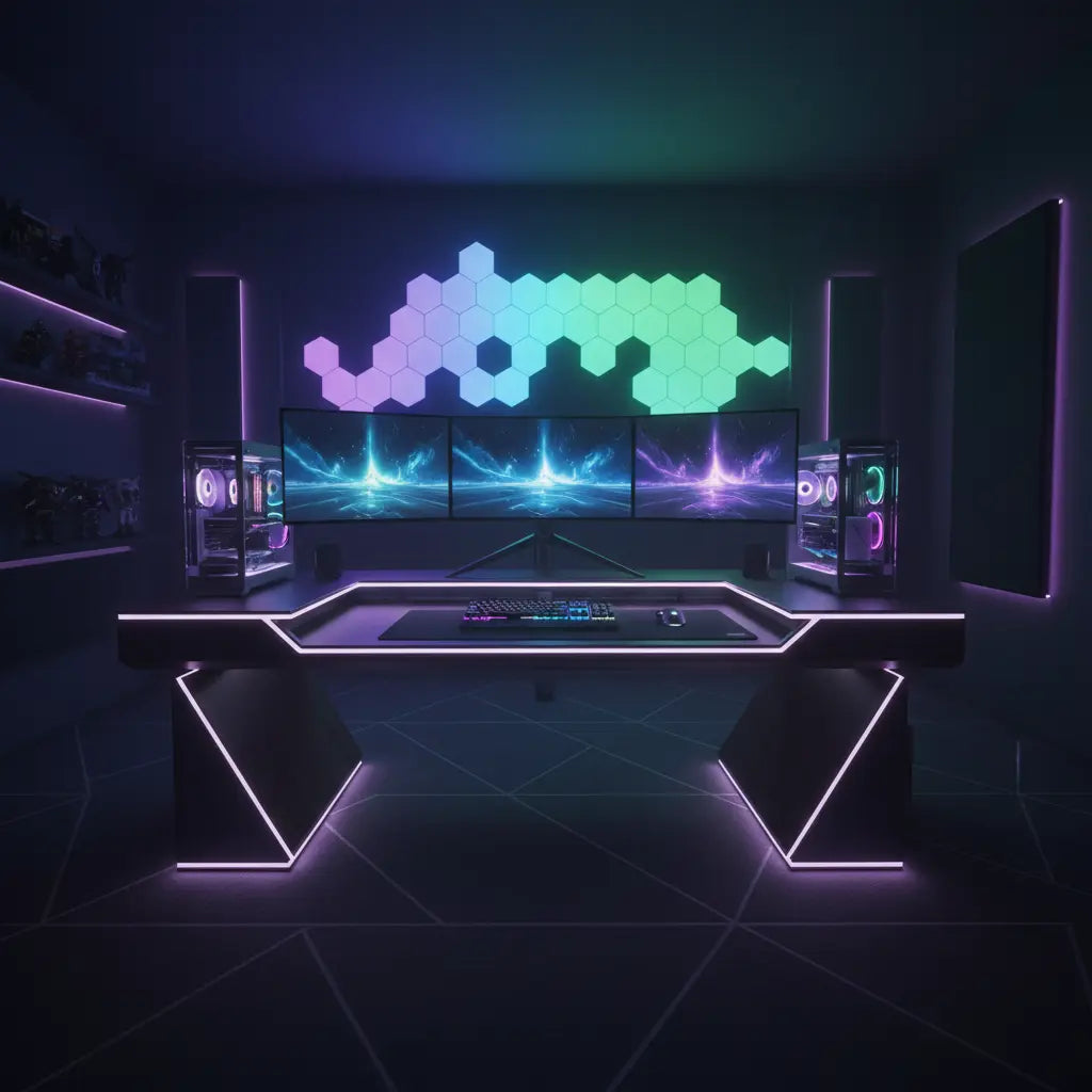A professional cinematic shot of a modern gaming desk with vibrant RGB LED lighting creating an ambient high-tech atmosphere.