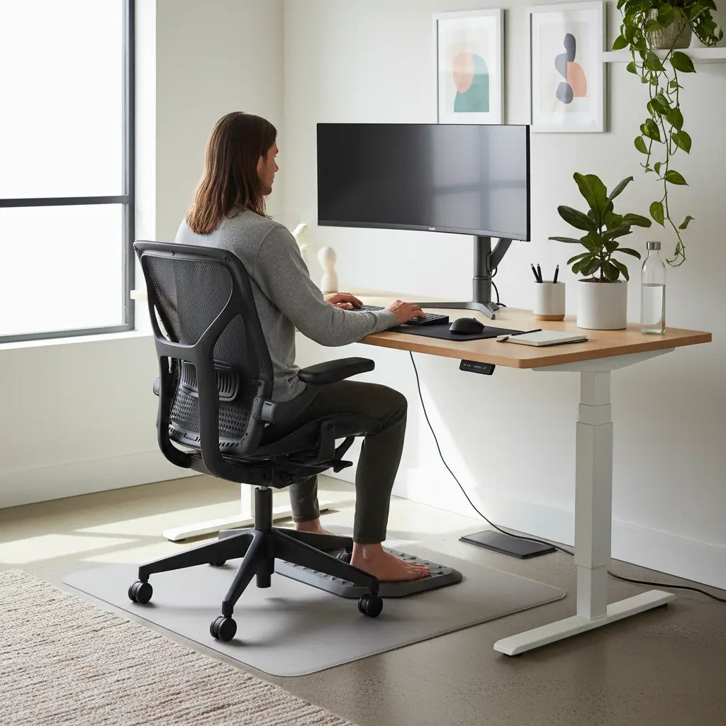 Modern ergonomic home office setup with a person demonstrating correct posture at a standing desk, featuring clean minimalist design and natural lighting