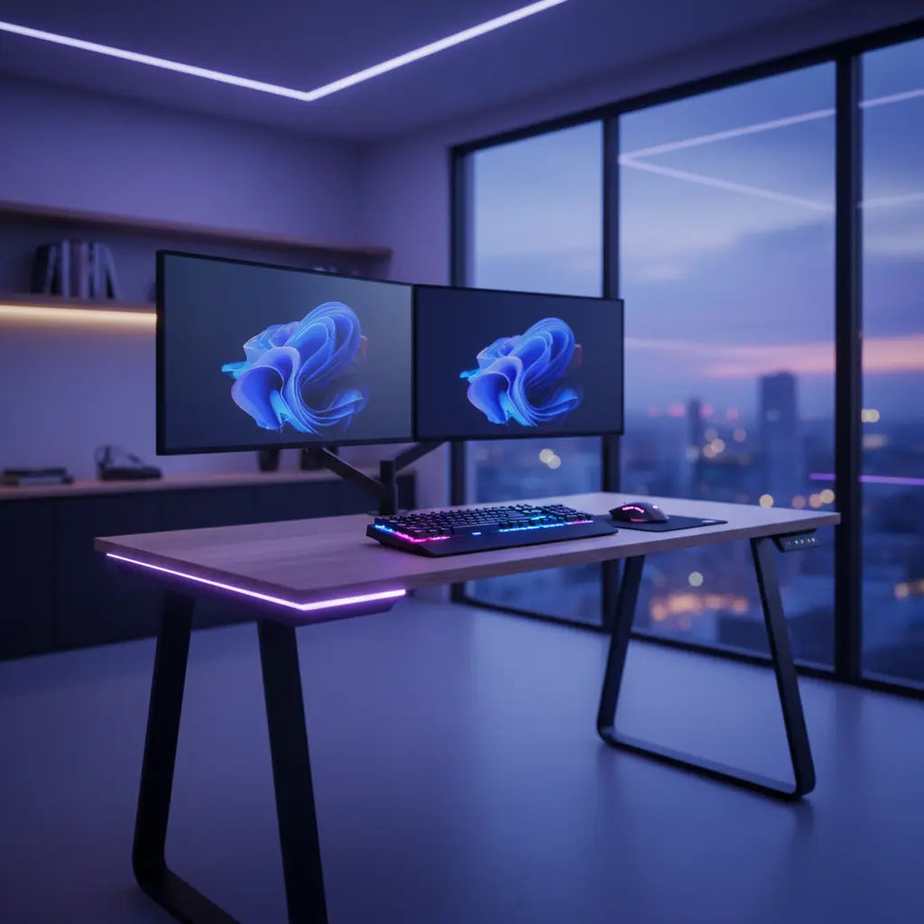 A modern, tech-forward home office featuring a sleek smart desk with integrated LED lighting and a dual-monitor setup, styled in a minimalist aesthetic.