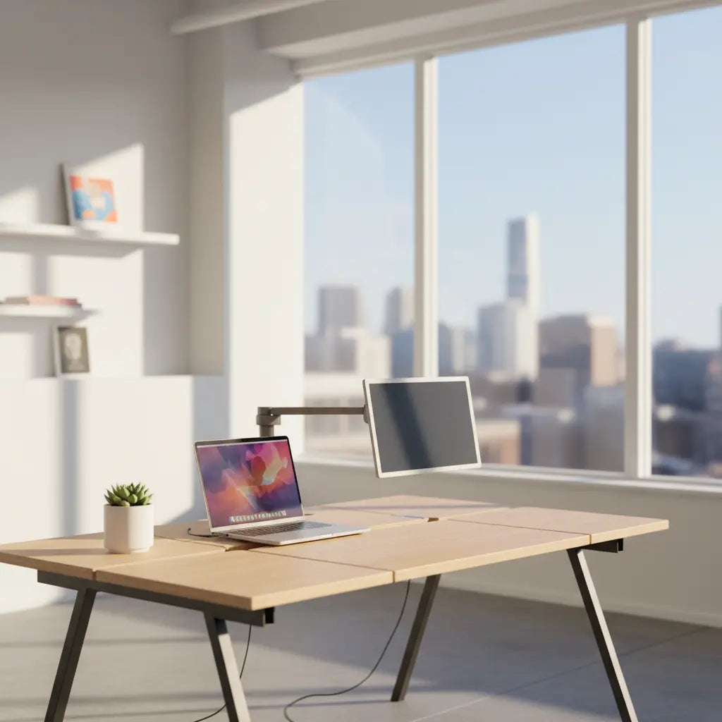 A professional digital nomad setup featuring a modular desk in a modern, sunlit co-working space with a view of a city skyline.