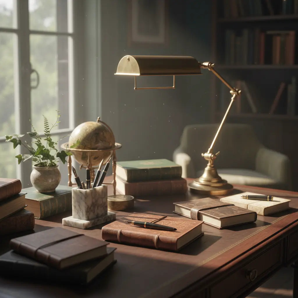 A beautifully organized dark academia-inspired workspace with leather-bound journals, fountain pens, and warm lighting, creating an atmosphere of focused productivity