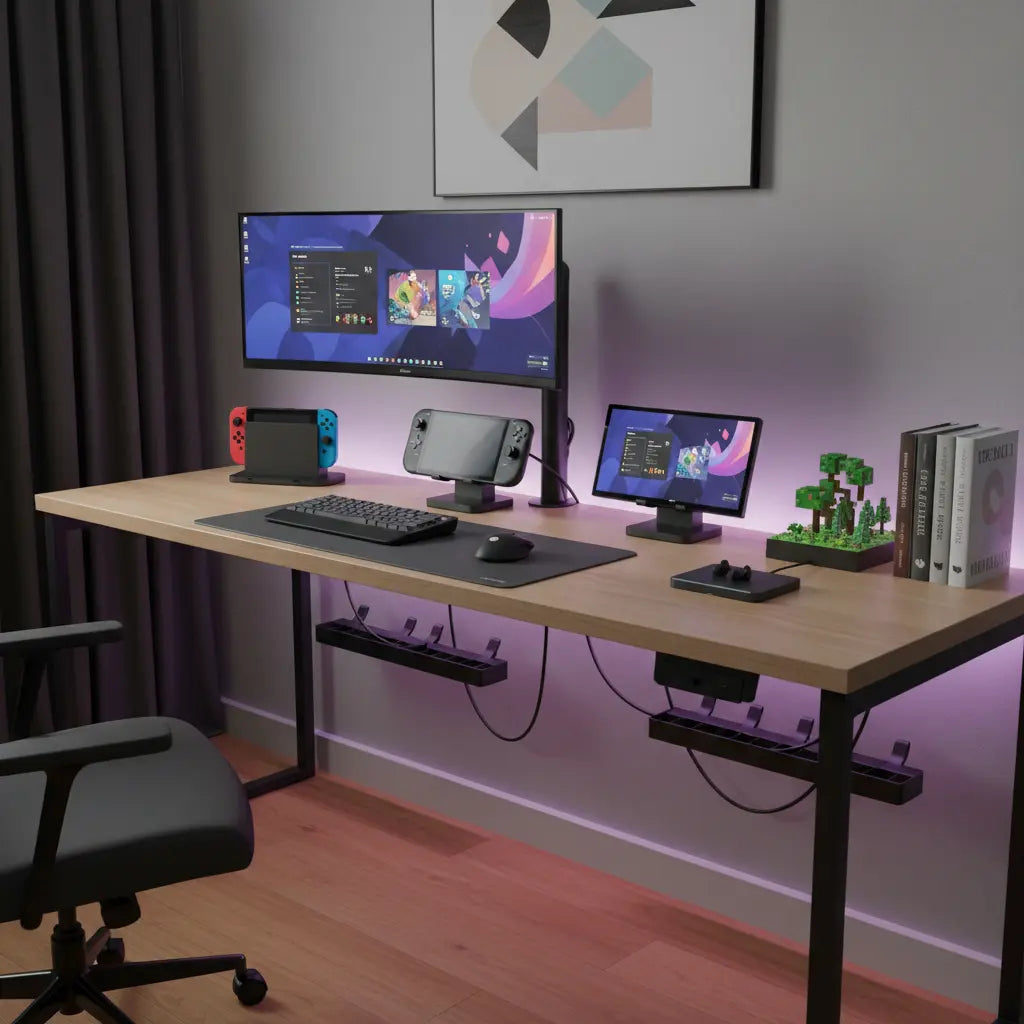 Modern handheld gaming desk setup with Nintendo Switch, Steam Deck, and PlayStation Portal on charging docks, featuring LED lighting and clean cable management