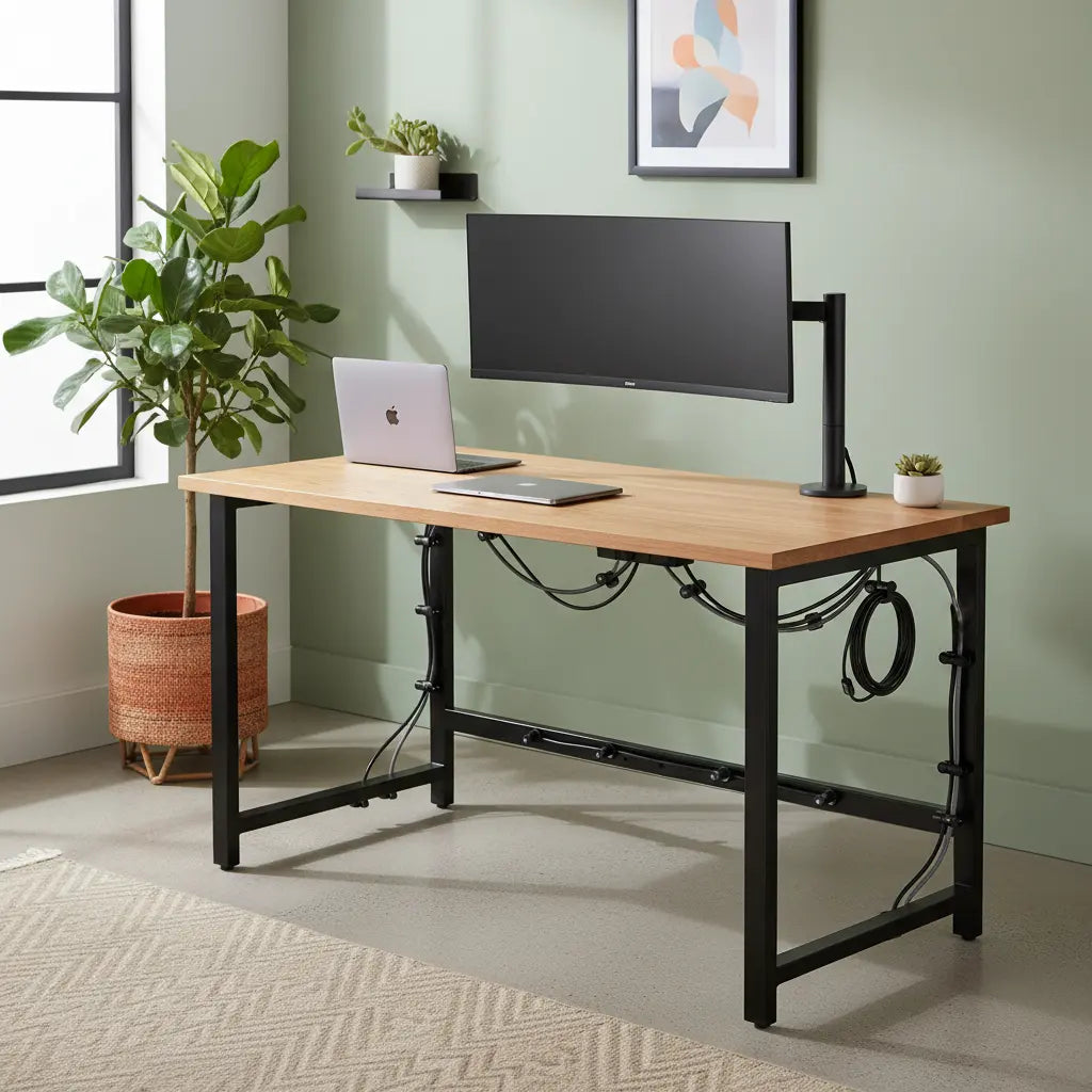 A clean, organized steel frame desk with magnetic cable management showing neatly arranged cables along the desk legs