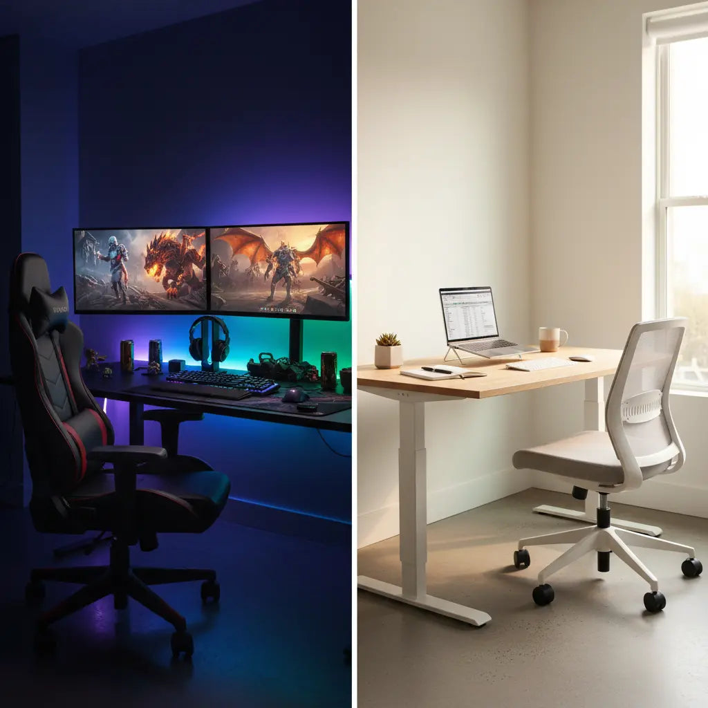 Split-screen comparison showing a vibrant gaming desk setup with LED lighting and gaming accessories versus a clean, minimalist standing desk setup in an office environment