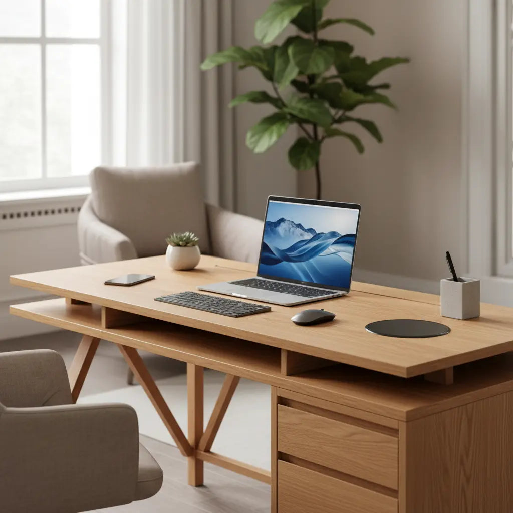 A minimalist modern home office desk with clean lines and no visible wires or cables, showcasing seamless integration of technology into furniture design