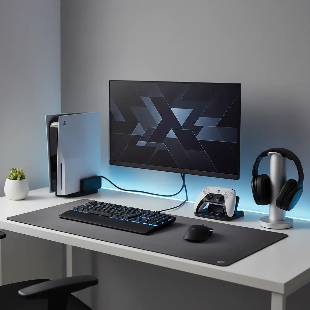 Modern gaming desk setup with a docked gaming console on a clean, organized desk with LED lighting and controller storage