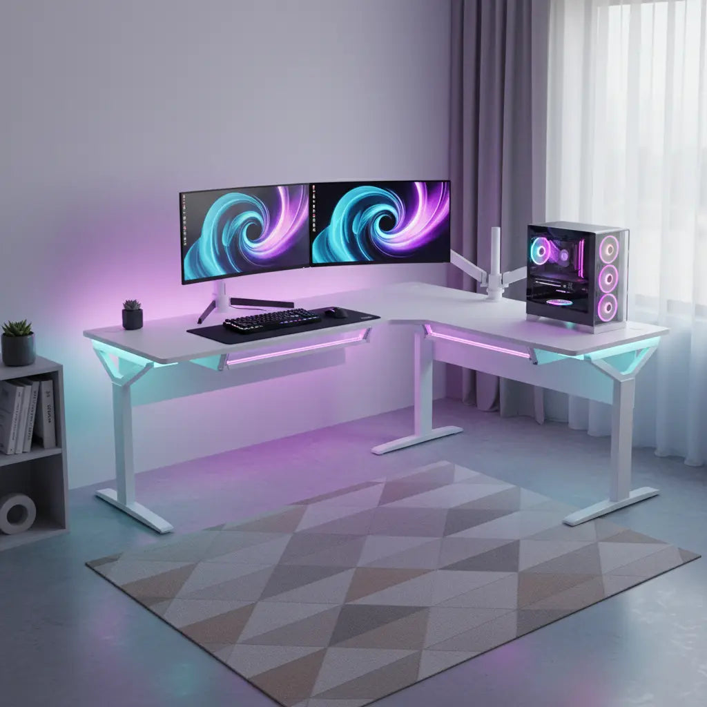 A dramatic lifestyle shot showing a complete synchronized RGB gaming setup with coordinated lighting across desk, monitor, keyboard, and PC case.