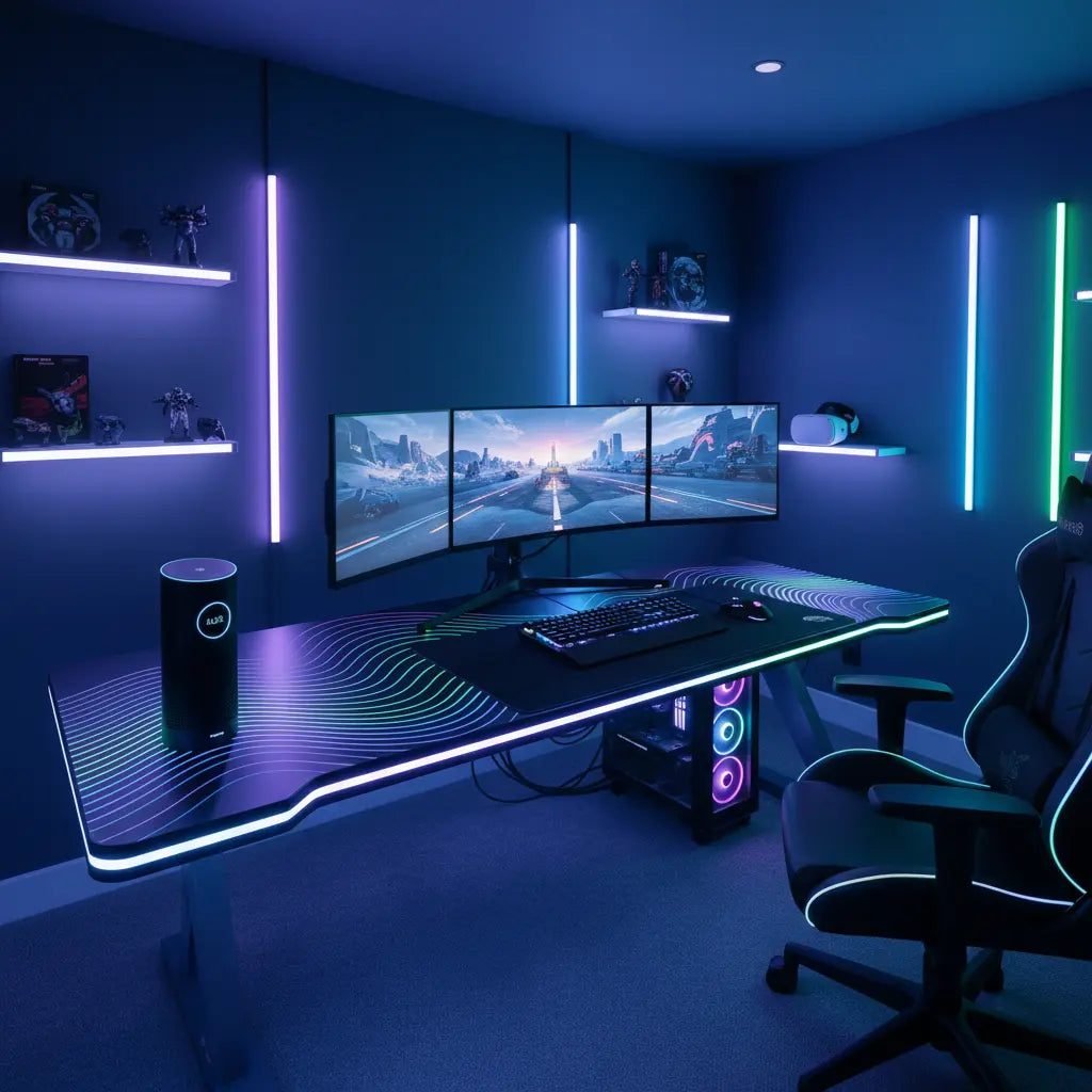 A wide-angle shot of an advanced gaming setup with synchronized RGB lighting, featuring a Bestier LED desk as the centerpiece with subtle smart home integration cues