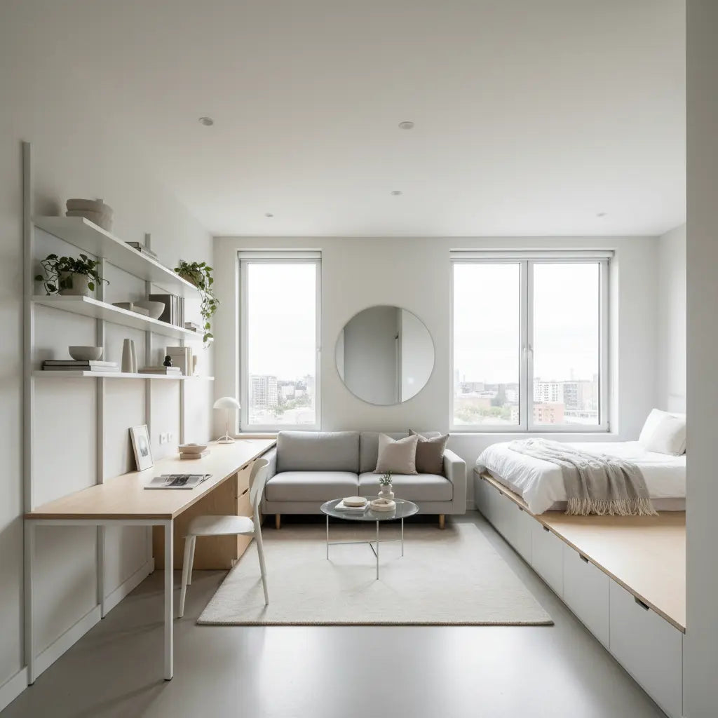 A bright small urban studio apartment with a multi-functional L-shaped desk, vertical storage, and an open, airy feel filled with natural light.