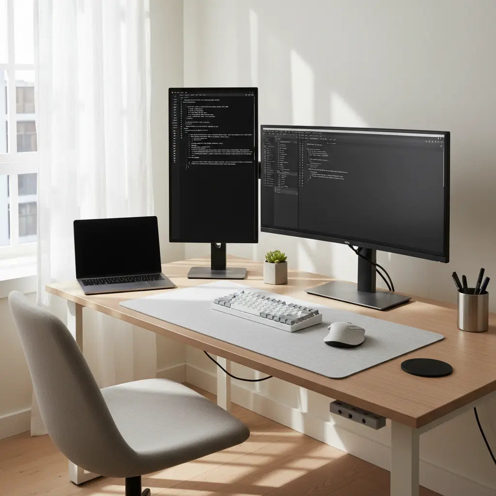 A clean modern coding desk setup in a bright apartment room with dual monitors, a laptop, and neat cable management.