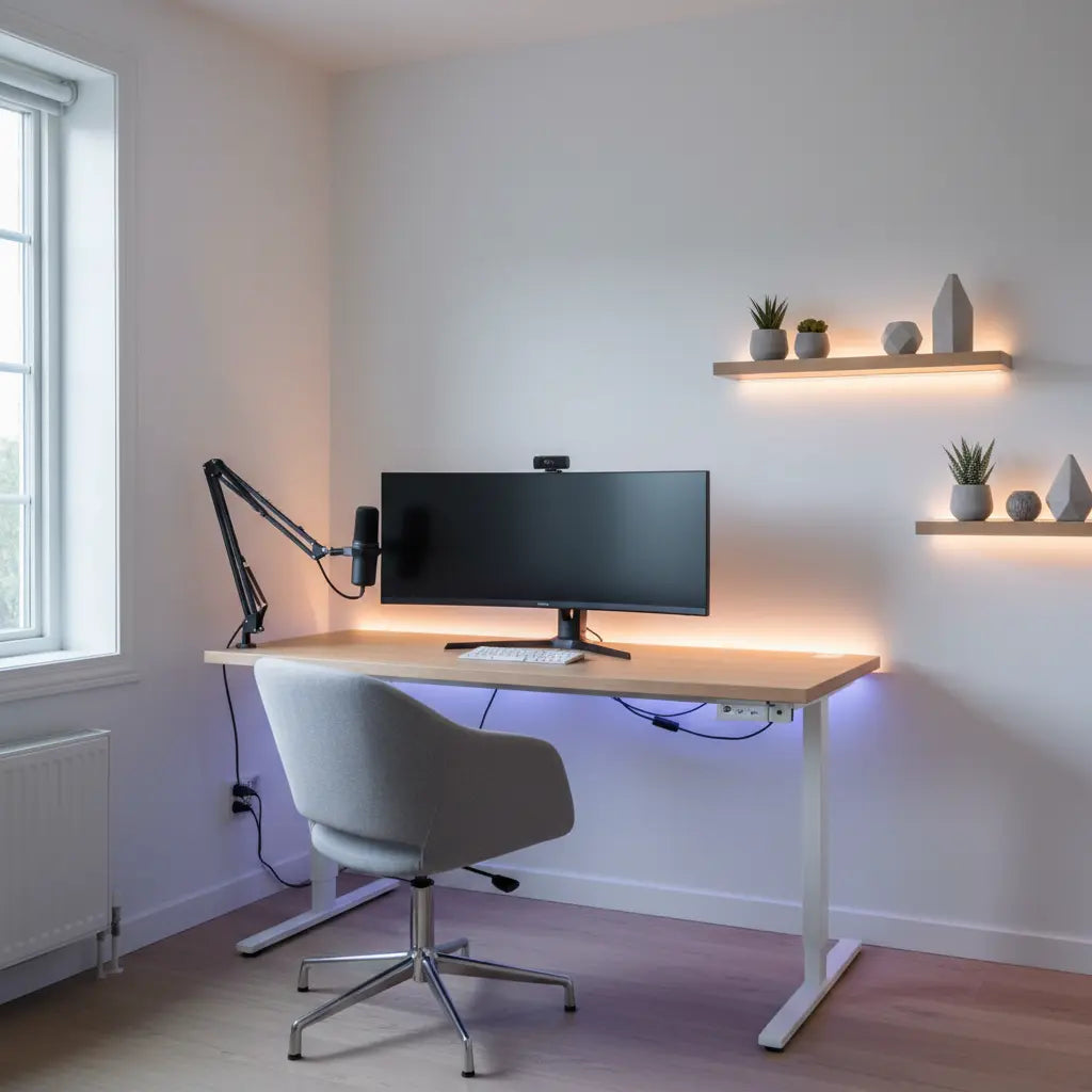 A small modern budget streaming setup with a clean desk, subtle RGB lighting, organized gear, and a bright, uncluttered room.