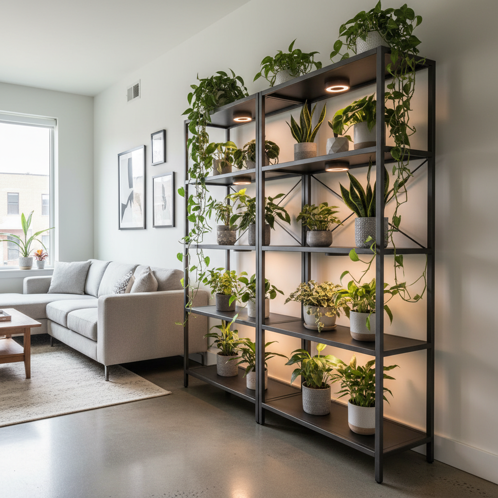A modern bakers rack used as an indoor plant display in a small apartment living room, with multiple houseplants, grow lights, and a bright clean aesthetic.