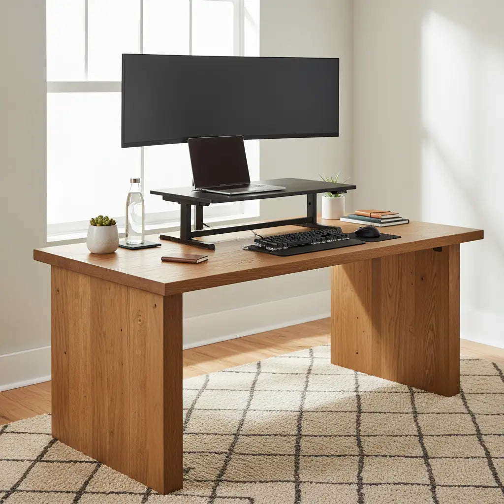 A stable standing desk converter on a sturdy desk in a modern home office.