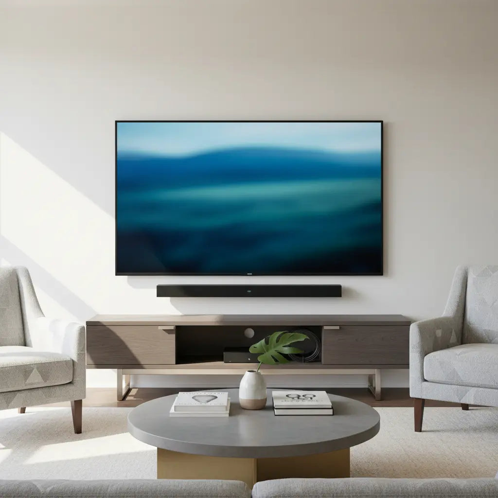 A clean modern living room media center with a TV on a stand and a soundbar positioned below the screen.
