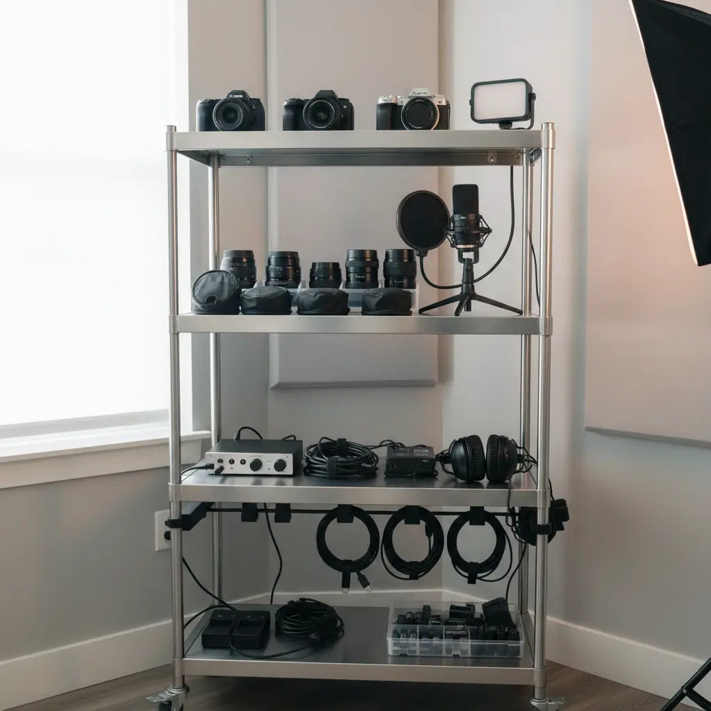 A professional small-space creator studio built around a neatly organized bakers rack with camera gear, lights, microphones, and cables arranged for on-camera use.