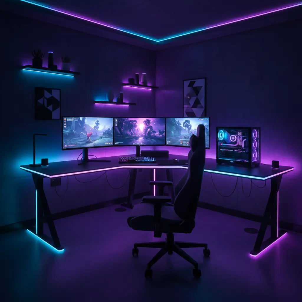 Modern gaming desk with synchronized RGB LED underglow and Philips Hue bulbs creating immersive ambient lighting in a dark room